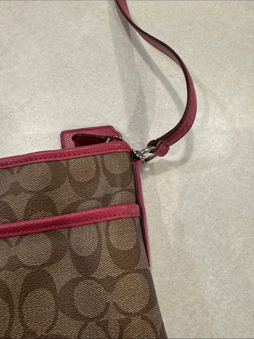 Coach Brown Signature Crossbody with Pink Trim and Strap